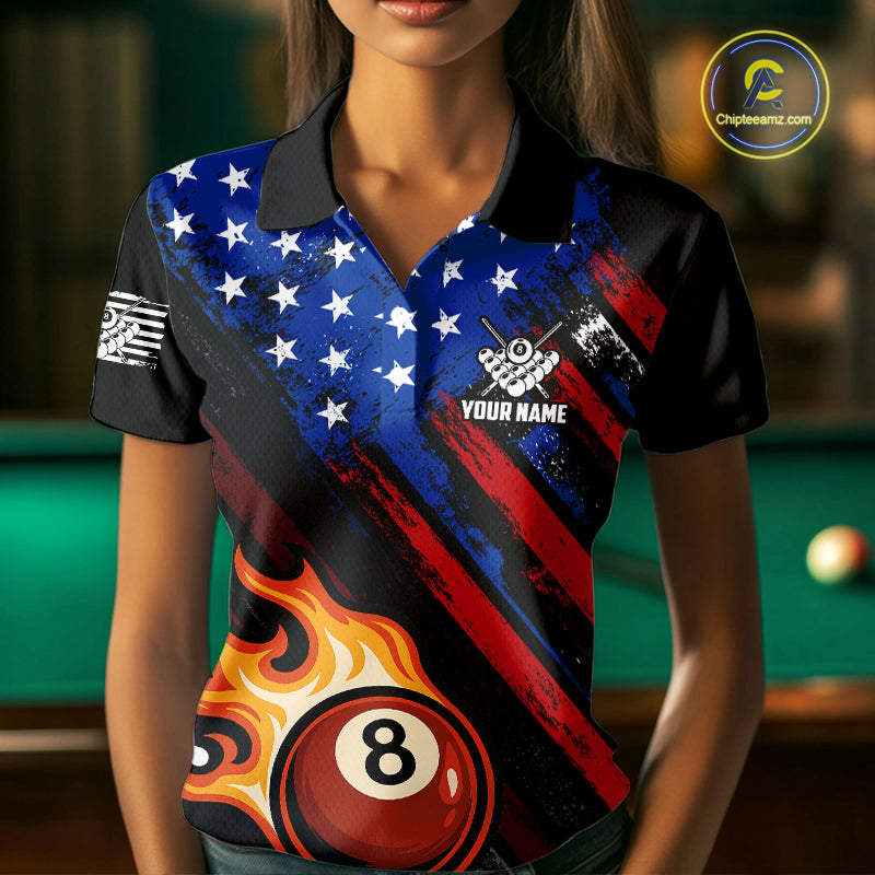 Funny Flame 8 Ball Billiard Shirts For Women Custom Patriotic American Flag Pool Team Jerseys TDM4131