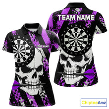 Load image into Gallery viewer, Purple camo stripes skull darts polo shirt for women with custom league team graphics.