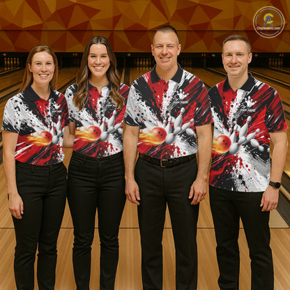 Bowling team wearing matching red splatter bowling jerseys during league competition front view.