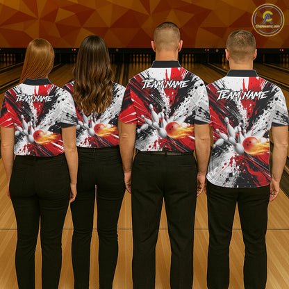 Back view of bowling team wearing matching red splatter bowling shirts in a bowling alley.