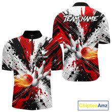 Load image into Gallery viewer, Red splatter bowling ball and pins bowling quarter zip shirt for men designed for league tournaments.