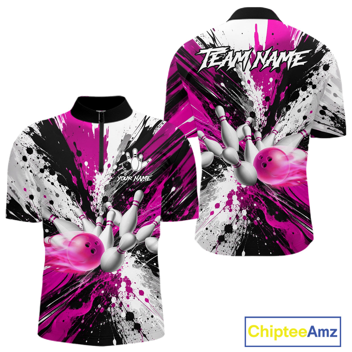 Pink splatter bowling ball and pins bowling quarter zip shirt for men built for tournaments and team events.