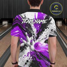 Load image into Gallery viewer, Back view of man wearing a purple splatter bowling polo shirt inside a bowling alley.
