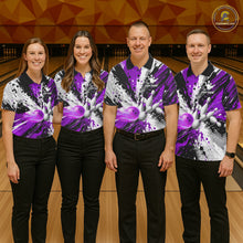 Load image into Gallery viewer, Bowling team wearing matching purple splatter bowling jerseys during league matches front view.