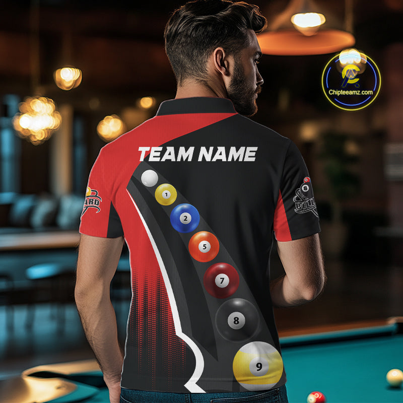 Personalized Red Black Billiard Shirt For Men Custom Funny Pool Balls Team Jersey Polo & 1/4 Zip TDM4496