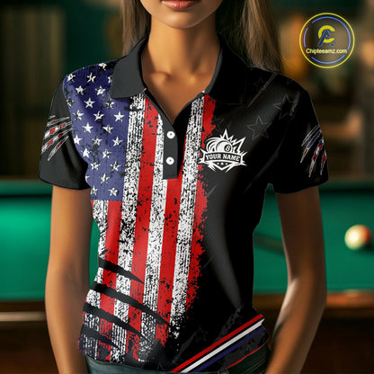 Personalized American Flag Billiard Shirt For Women Custom Grunge Vintage Patriotic Pool Team Jersey TDM4499