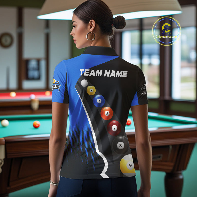 Personalized Black Blue Billiard Shirt For Women Custom Funny Pool Balls Team Jersey Polo & 1/4 Zip TDM4497