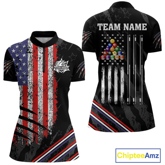 Personalized American Flag Billiard Shirt For Women Custom Grunge Vintage Patriotic Pool Team Jersey TDM4499