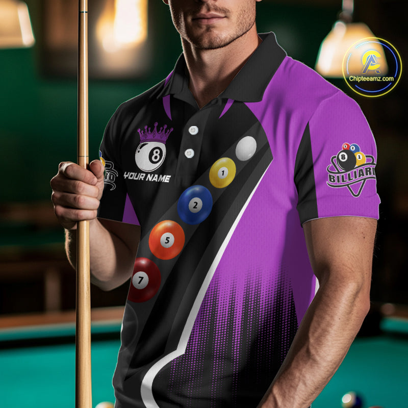 Personalized Purple Black Billiard Shirt For Men Custom Funny Pool Balls Team Jersey Polo & 1/4 Zip TDM4498