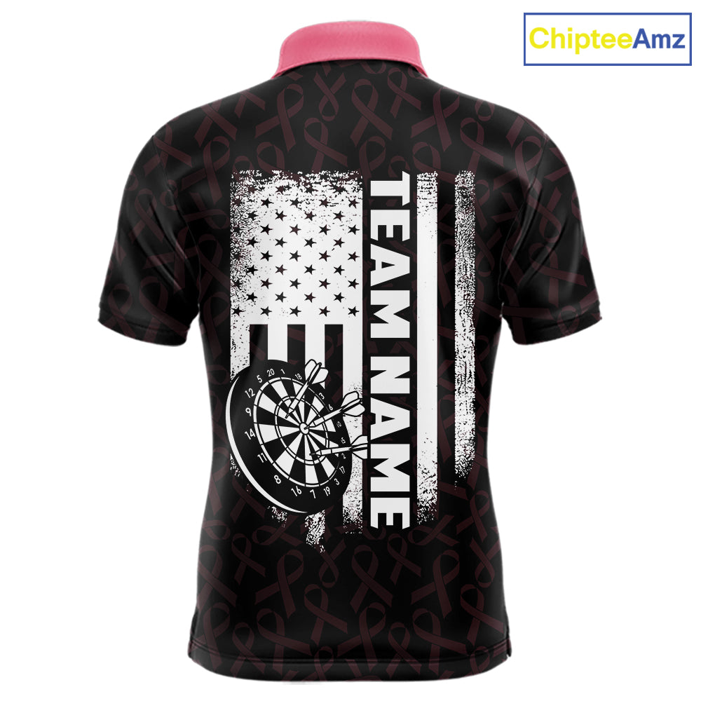 Custom Pink Ribbons American Flag Darts Polo Shirt for Men Designed for Personalized Darts Team Jerseys with Premium Athletic Performance and Inspirational Awareness Graphics