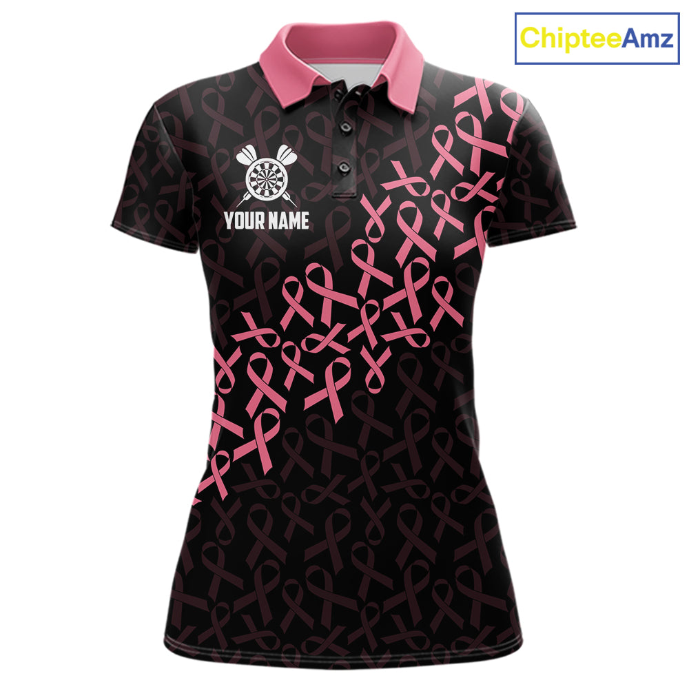 Pink Ribbons American Flag Breast Cancer Awareness Darts Polo Shirt for Women Featuring Patriotic Pink Ribbon Artwork for Dart League Players, Team Competition, and Awareness Tournaments