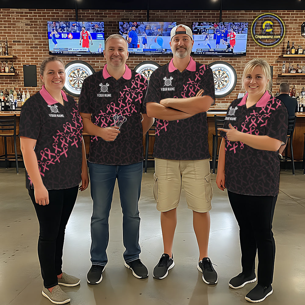 Dart Team Wearing Pink Ribbons American Flag Breast Cancer Awareness Darts Jerseys During League Competition and Tournament Matches, Front View