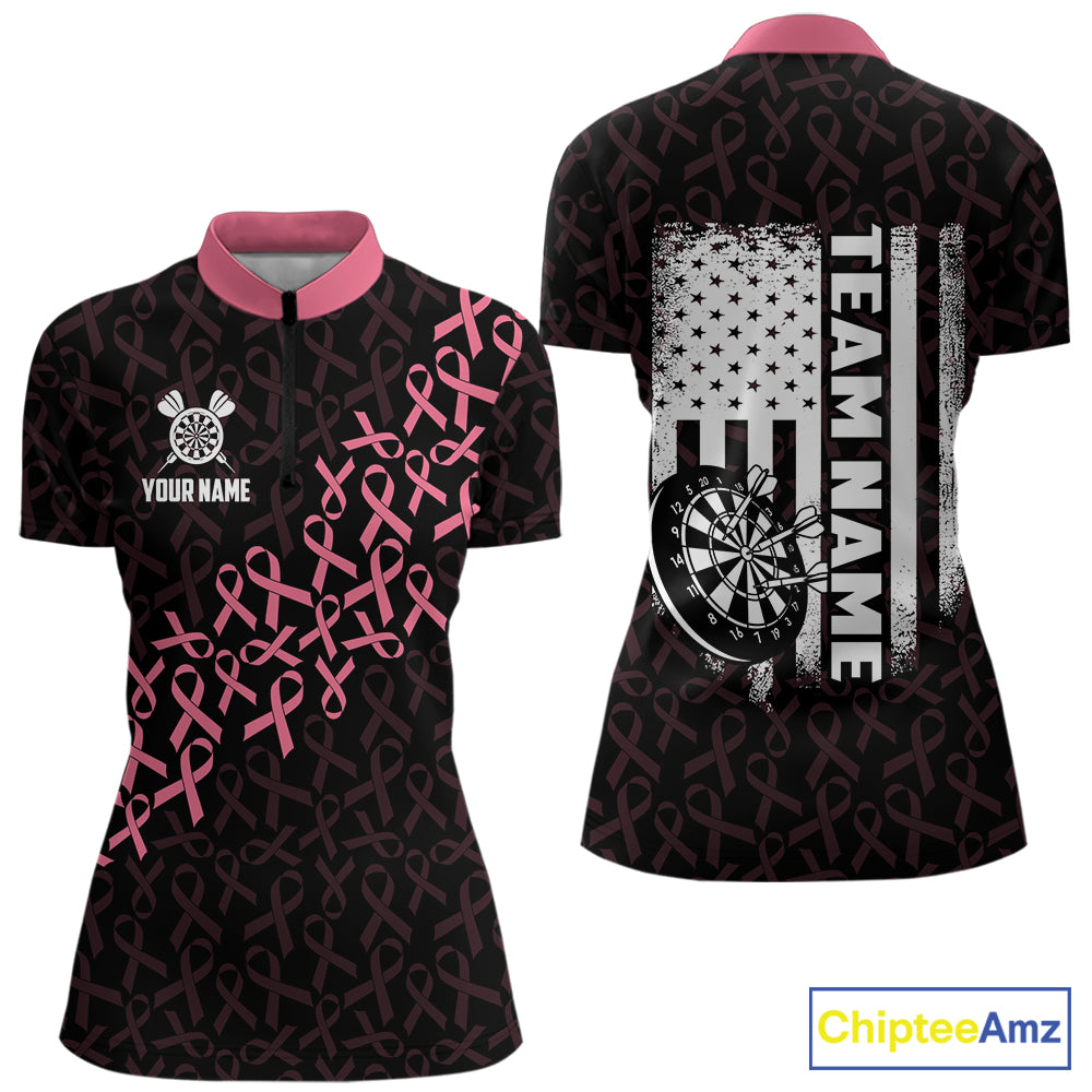 Pink Ribbons American Flag Breast Cancer Awareness Quarter Zip Darts Shirt for Women Created for Competitive Dart League Teams with Performance Fabric and Tournament Ready Team Design