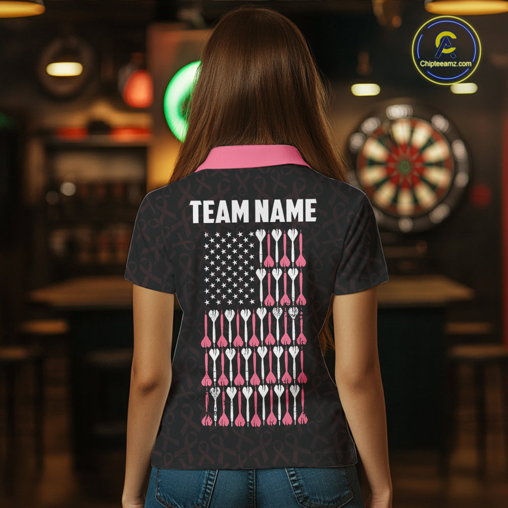Woman Wearing Pink Ribbons Patriotic American Flag Custom Breast Cancer Darts Team Jersey Featuring the Complete Rear Graphic Design, Back View