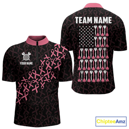 Pink Ribbons Patriotic American Flag Breast Cancer Awareness Quarter Zip Darts Shirt for Men Created for Competitive Dart League Teams with Performance Fabric and Tournament Ready Comfort