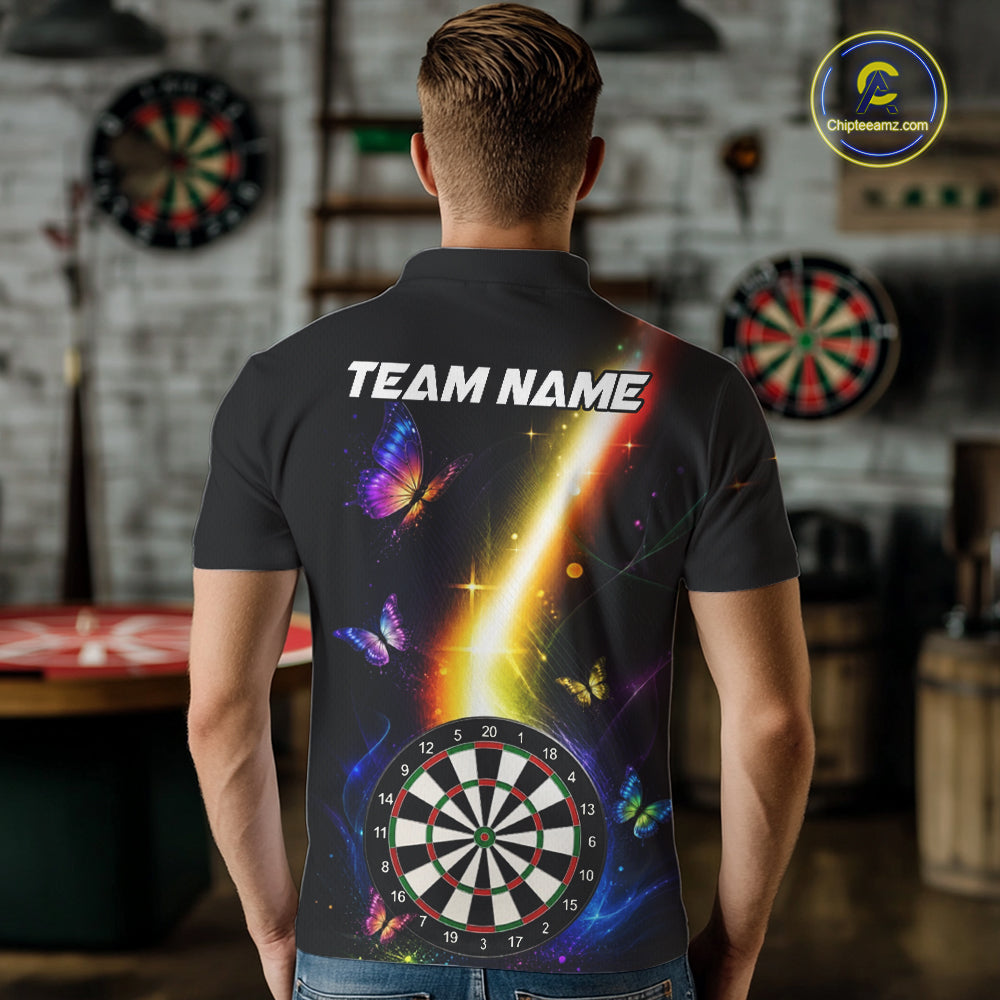 Man Wearing Personalized Glowing Light Butterfly Custom Darts Team Jersey Featuring the Complete Rear Graphic Design, Back View