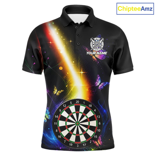 Personalized Glowing Light Butterfly Darts Polo Shirt for Men Featuring Colorful Butterfly Artwork with Glowing Effects for Dart League Players, Team Competition, Tournament Events, and Unique Darts Gifts