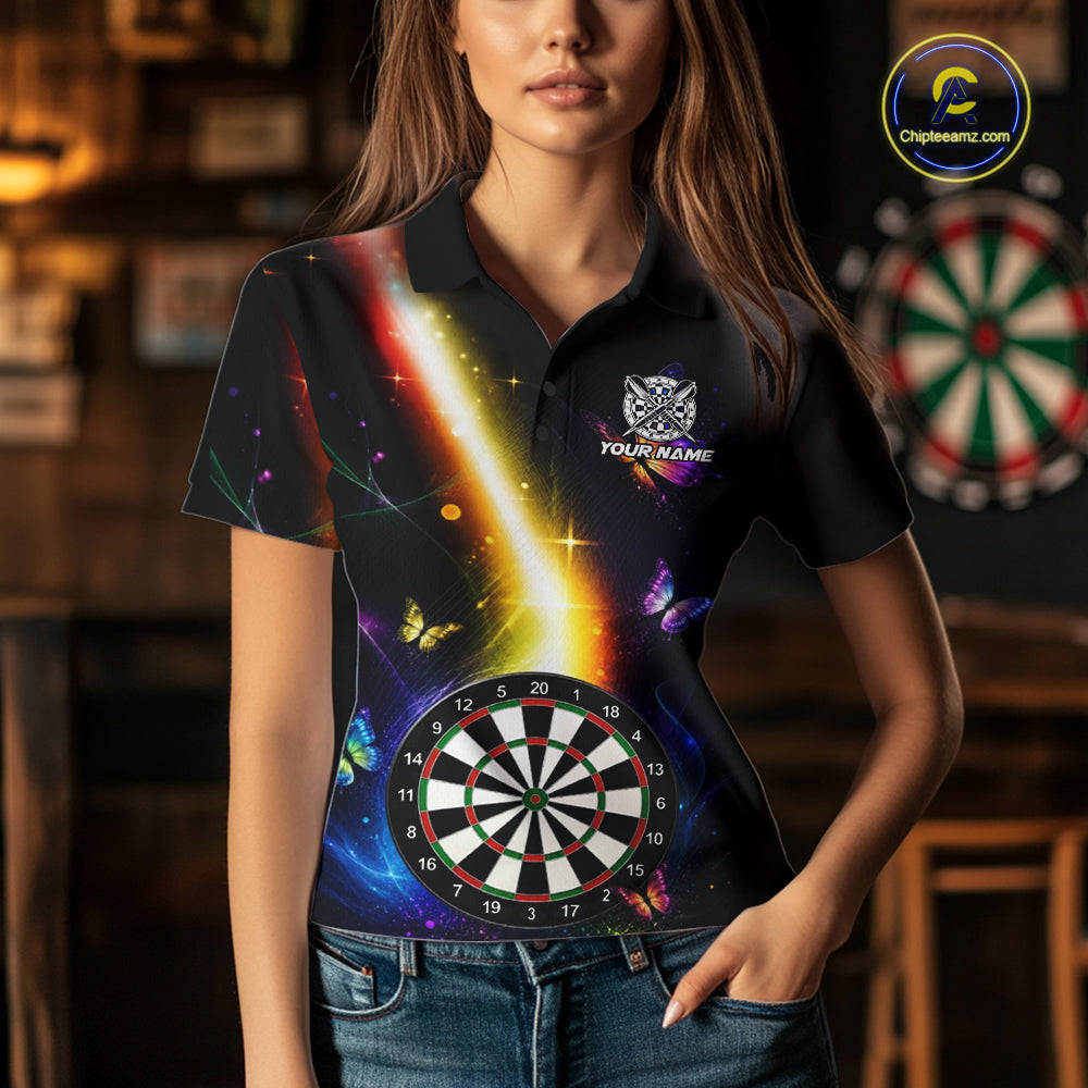 Woman Wearing Personalized Glowing Light Butterfly Darts Polo Shirt with Athletic Performance Fit and Vibrant Butterfly Graphic Artwork, Front View