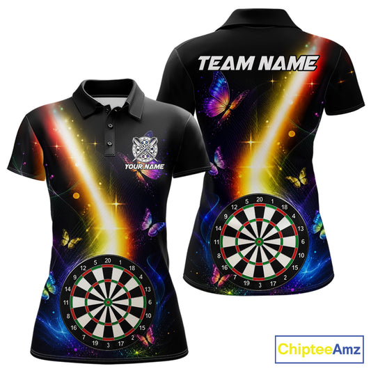 Custom Glowing Light Butterfly Darts Polo Shirt for Women Designed for Personalized Darts Team Jerseys with Premium Athletic Performance, Vibrant Butterfly Graphics, and League Ready Style