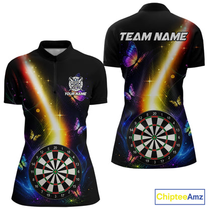 Personalized Glowing Light Butterfly Quarter Zip Darts Shirt for Women Created for Competitive Dart League Teams with Performance Fabric and Tournament Ready Comfort