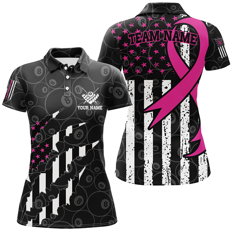 Pink Ribbon American Flag Custom Patriotic Billiard Jerseys For Women, Breast Cancer Billiard Shirts TDM2425