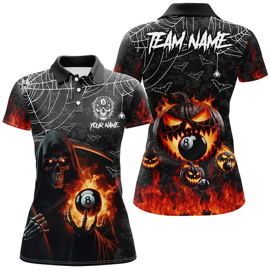 Grim Reaper With Pumpkin Fire Custom Billiard Shirts For Women, Halloween Flame Billiard Shirts TDM2427