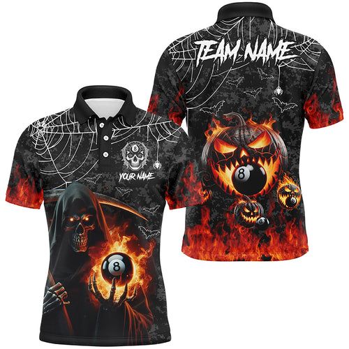Death Skeleton With Pumpkin Fire Custom Billiard Shirts For Men, Halloween Flame Billiard Shirts TDM2427