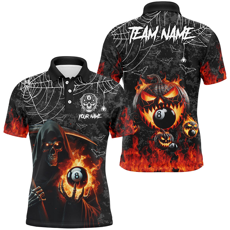 Death Skeleton With Pumpkin Fire Custom Billiard Shirts For Men, Halloween Flame Billiard Shirts TDM2427