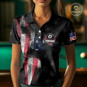 Personalized Vintage Smoke US Flag Billiard Shirts For Women, 8 Ball Pool Patriotic Billiard Jerseys TDM4731