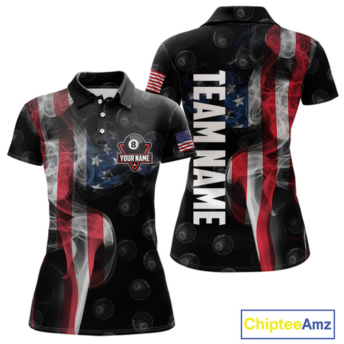 Personalized Vintage Smoke US Flag Billiard Shirts For Women, 8 Ball Pool Patriotic Billiard Jerseys TDM4731