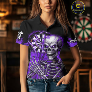 Purple Flaming Lightning Skeleton Darts Shirt For Women Custom Skull Dart Jersey Team Polo & 1/4 Zip TDM4739