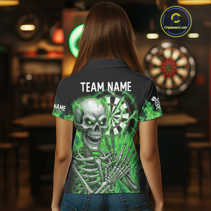 Green Flaming Lightning Skeleton Darts Shirt For Women Custom Skull Dart Jersey Team Polo & 1/4 Zip TDM4740