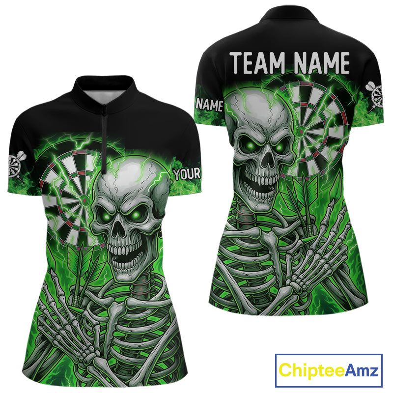 Green Flaming Lightning Skeleton Darts Shirt For Women Custom Skull Dart Jersey Team Polo & 1/4 Zip TDM4740