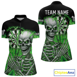 Green Flaming Lightning Skeleton Darts Shirt For Women Custom Skull Dart Jersey Team Polo & 1/4 Zip TDM4740