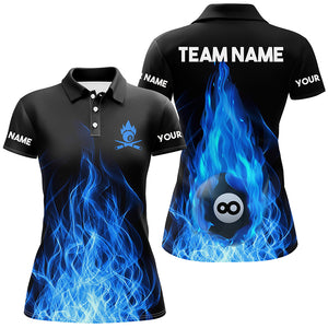 Custom Name Blue Flaming Billiard 3D Polo Shirts For Women Custom Billiard 8 Ball For Team TDM0290