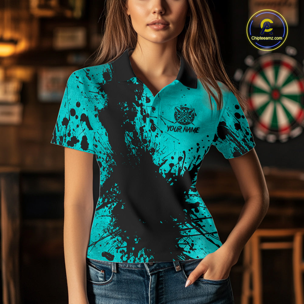 Black And Teal Grunge Women's Darts Shirts Custom Darts League Team Jersey Polo & Quarter Zip TDM7754