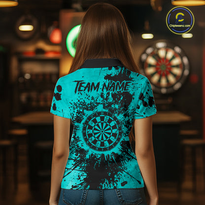 Black And Teal Grunge Women's Darts Shirts Custom Darts League Team Jersey Polo & Quarter Zip TDM7754