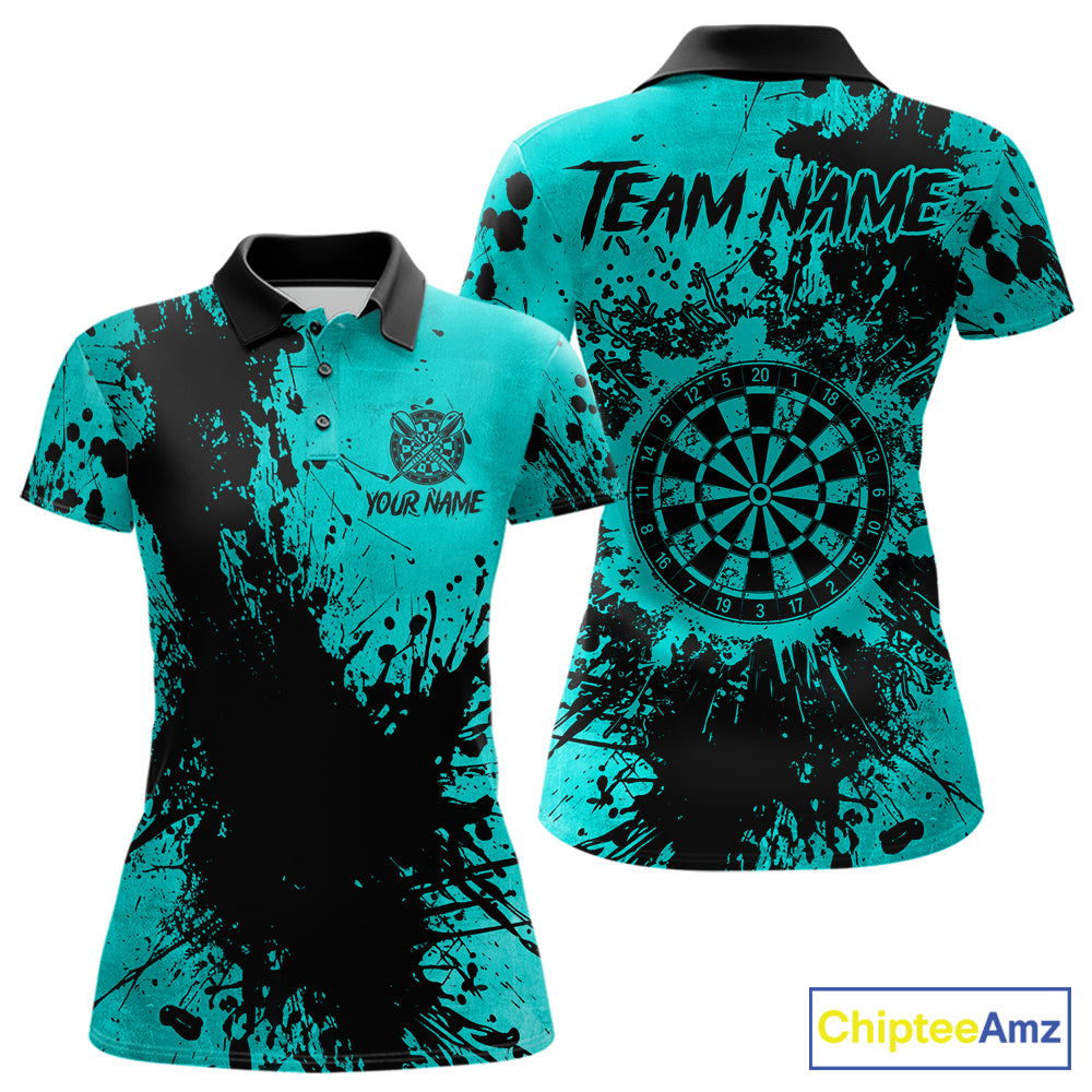 Black And Teal Grunge Women's Darts Shirts Custom Darts League Team Jersey Polo & Quarter Zip TDM7754