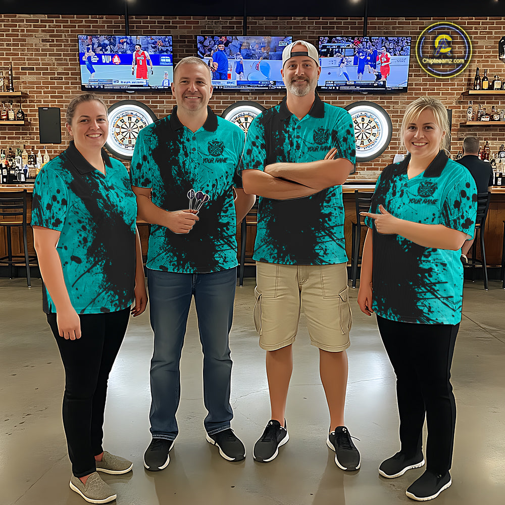 Black And Teal Grunge Men's Darts Shirts Custom Darts League Team Jersey Polo & Quarter Zip TDM7754