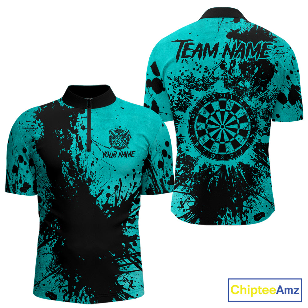 Black And Teal Grunge Men's Darts Shirts Custom Darts League Team Jersey Polo & Quarter Zip TDM7754