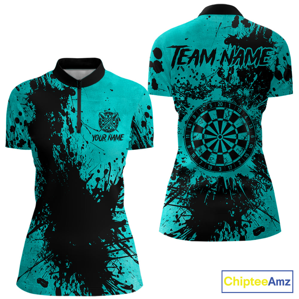 Black And Teal Grunge Women's Darts Shirts Custom Darts League Team Jersey Polo & Quarter Zip TDM7754
