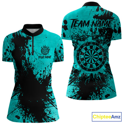 Black And Teal Grunge Women's Darts Shirts Custom Darts League Team Jersey Polo & Quarter Zip TDM7754