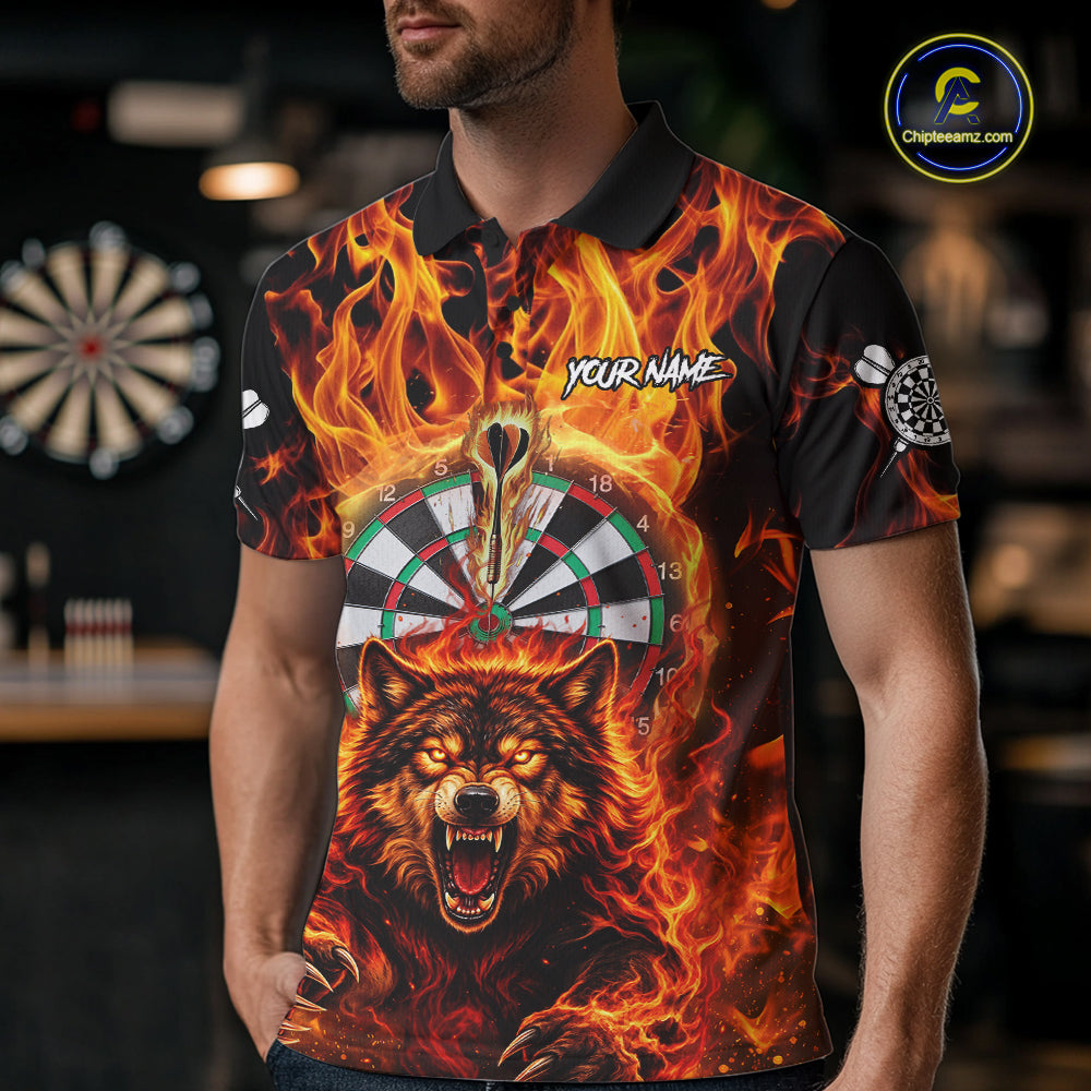 Personalized Orange Flaming Wolf Darts Shirt For Men Custom Fire Darts Jersey Team Polo & 1/4 Zip TDM7755