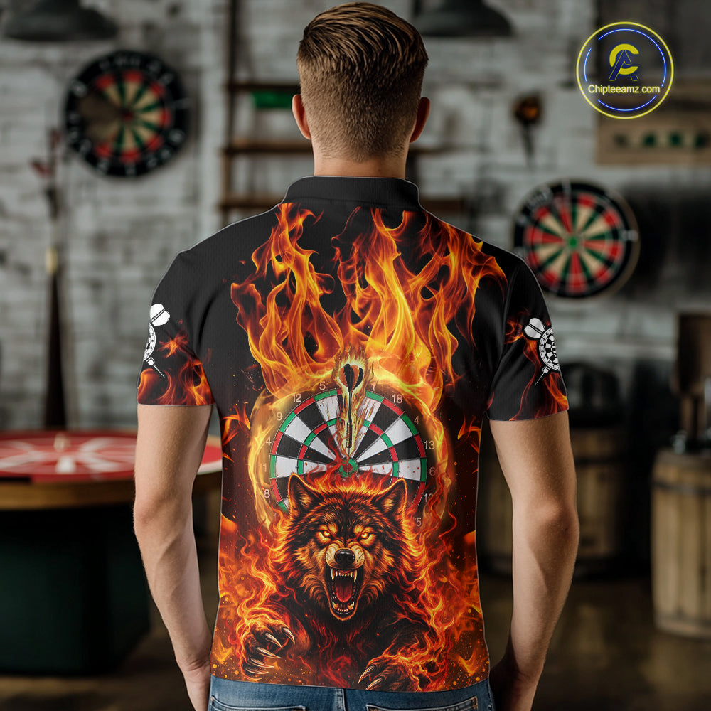 Personalized Orange Flaming Wolf Darts Shirt For Men Custom Fire Darts Jersey Team Polo & 1/4 Zip TDM7755
