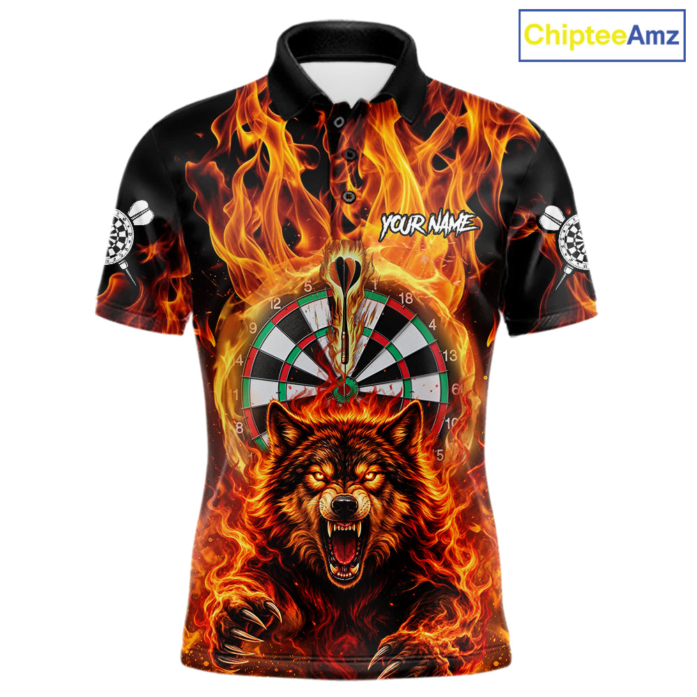 Personalized Orange Flaming Wolf Darts Shirt For Men Custom Fire Darts Jersey Team Polo & 1/4 Zip TDM7755