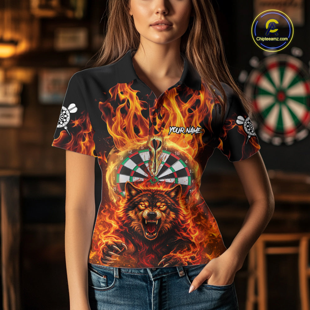 Personalized Orange Flaming Wolf Darts Shirt For Women Custom Fire Darts Jersey Team Polo & 1/4 Zip TDM7755