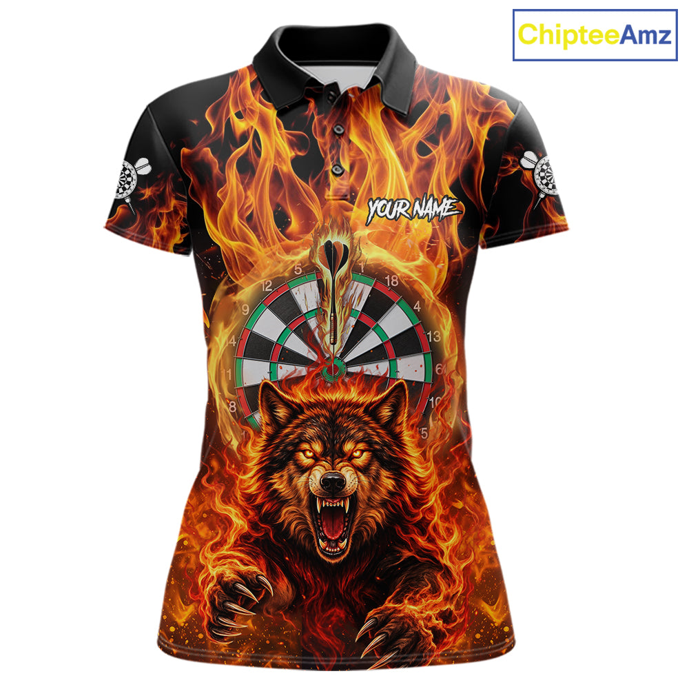 Personalized Orange Flaming Wolf Darts Shirt For Women Custom Fire Darts Jersey Team Polo & 1/4 Zip TDM7755