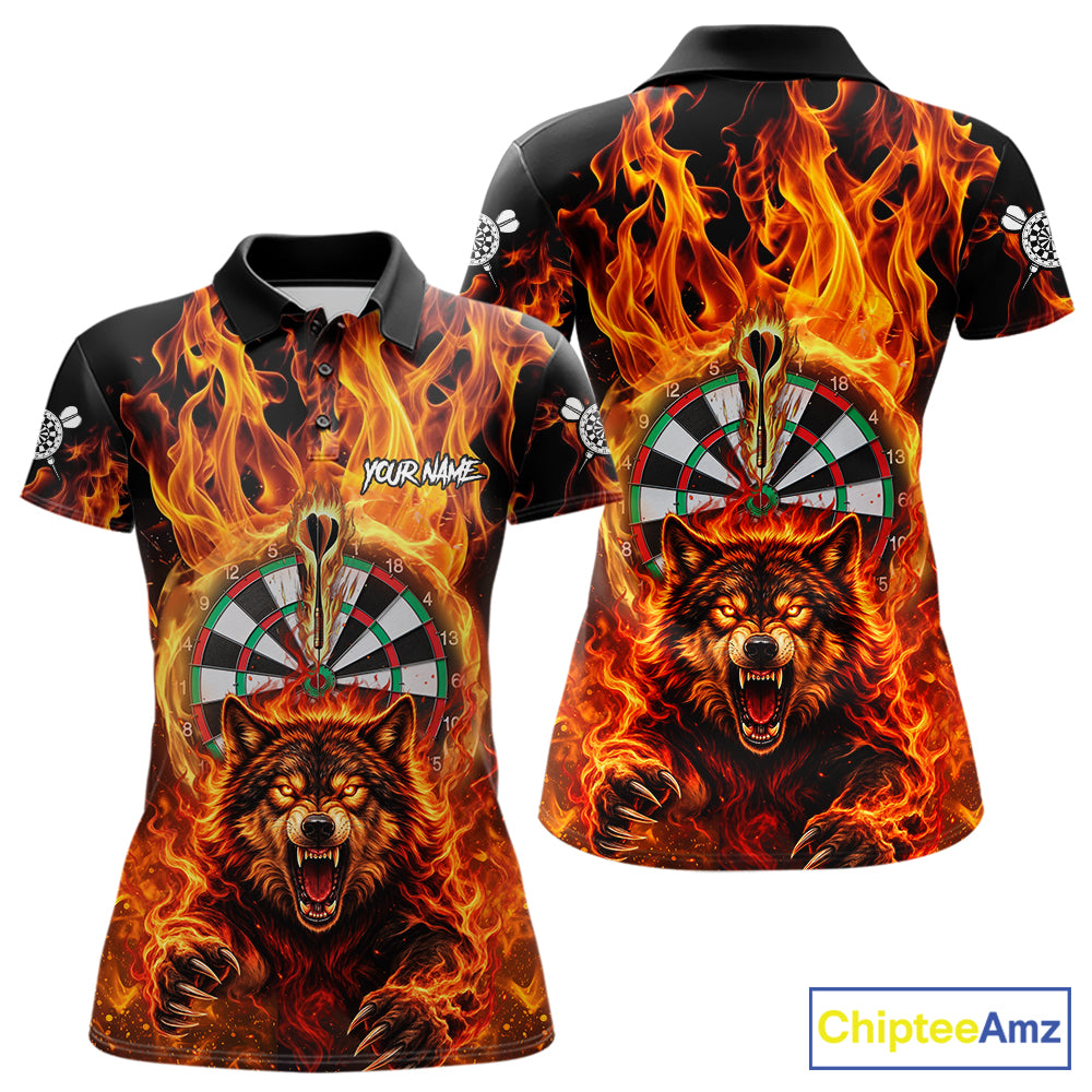 Personalized Orange Flaming Wolf Darts Shirt For Women Custom Fire Darts Jersey Team Polo & 1/4 Zip TDM7755
