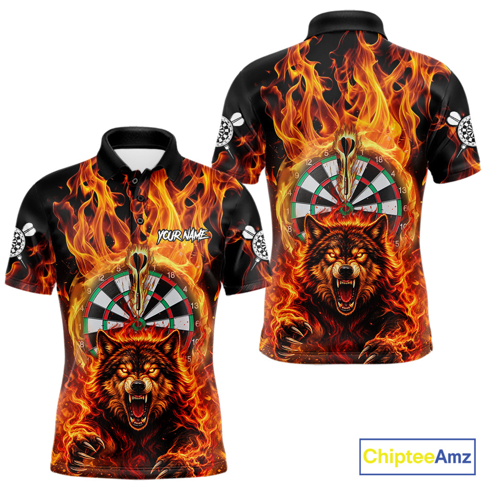 Personalized Orange Flaming Wolf Darts Shirt For Men Custom Fire Darts Jersey Team Polo & 1/4 Zip TDM7755