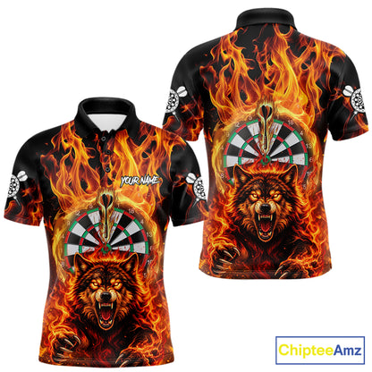 Personalized Orange Flaming Wolf Darts Shirt For Men Custom Fire Darts Jersey Team Polo & 1/4 Zip TDM7755